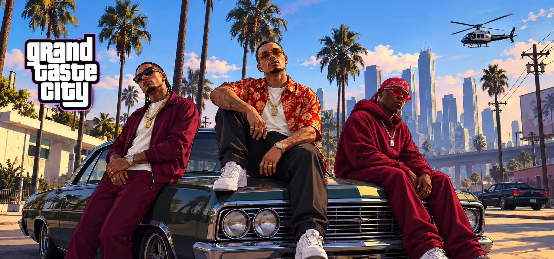 Grand Taste City – trois hommes en streetwear sur une voiture lowrider à Los Angeles avec palmiers et skyline urbaine